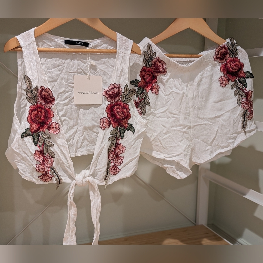 Zaful White Set with Red Floral Embroidery